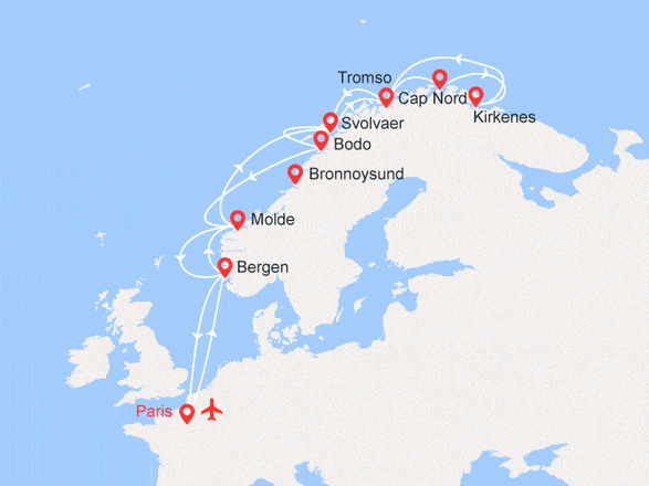 itinéraire croisière Fjords : À la recherche des Aurores Boréales : Bergen-Kirkenes-Bergen avec accompagnateur français - Vols inclus