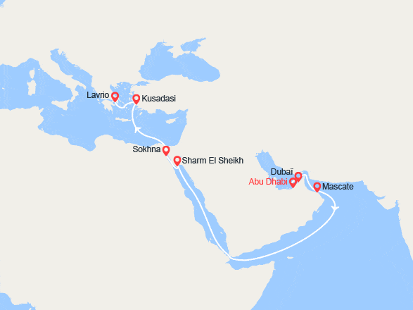 itinéraire croisière Transatlantique : Abu Dhabi, Dubaï, Mascate, Sharm El Sheikh, Kusadasi, Athènes