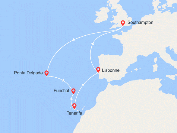 itinéraire croisière Europe du Nord - Canaries Madère : Açores, Madère, Canaries, Lisbonne
