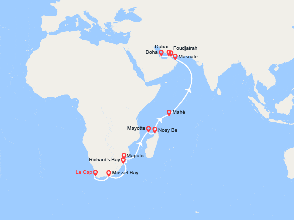 itinéraire croisière Afrique : Afrique, Mozambique, Mayotte, Madagascar, Seychelles, Oman, Emirats, Qatar