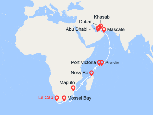 itinéraire croisière Afrique : Afrique du Sud, Mozambique, Seychelles, Oman, Emirats