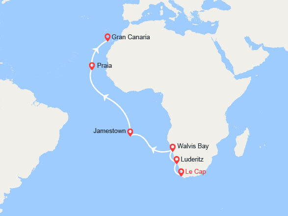 itinéraire croisière Afrique : Afrique du Sud, Namibie, île de Sainte-Hélène, Cap-Vert, Espagne