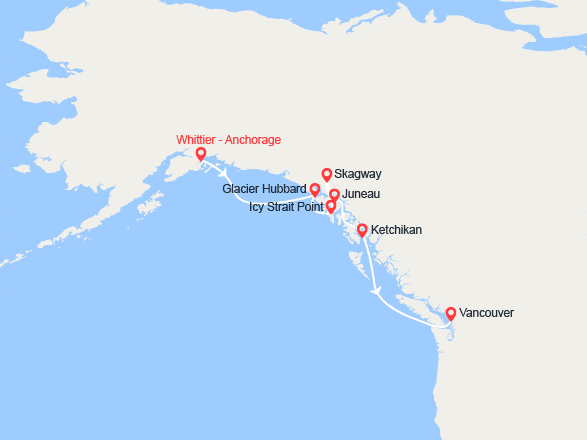 itinéraire croisière Amérique du Nord : Alaska du nord au sud : Glacier Hubbard, Skagway, Juneau, Kechikan...