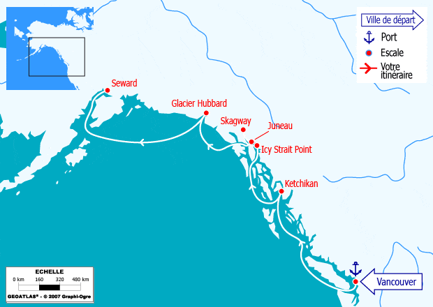 itinéraire croisière Alaska : Alaska du sud au nord