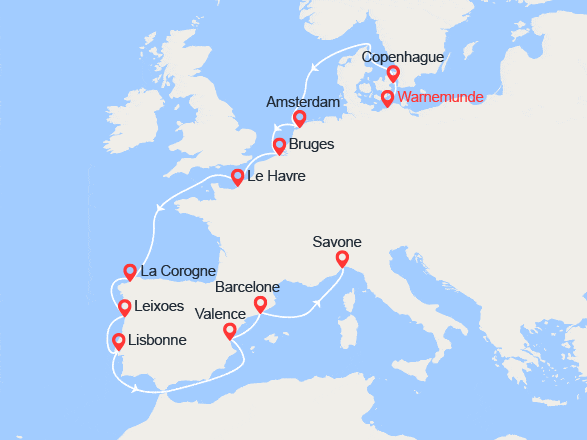 itinéraire croisière Méditerranée : Allemagne, Danemark, Pays-Bas, Belgique, France, Espagne, Portugal, Italie