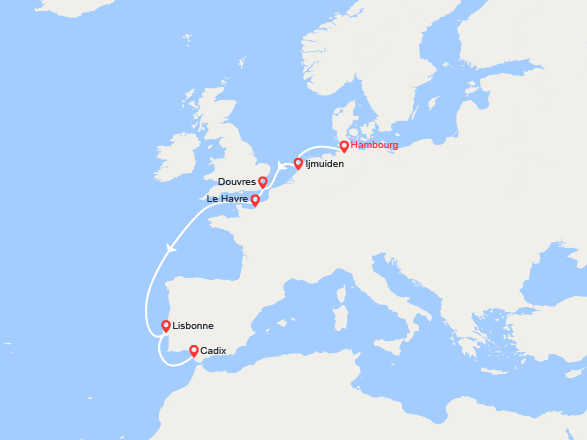 itin&eacute;raire croisi&egrave;re Europe du Nord : Allemagne, Grande-Bretagne, France, Portugal, Espagne, Canaries 