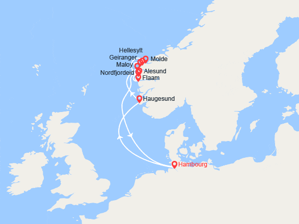 itinéraire croisière Fjords : Allemagne, Norvège 