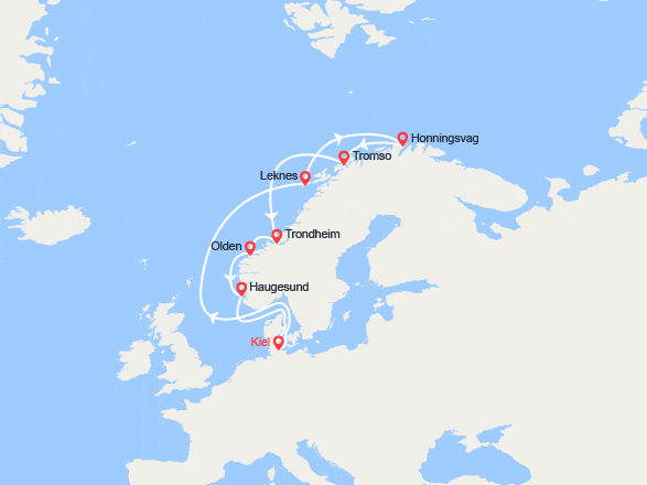 itinéraire croisière Fjords : Allemagne, Norvège: Iles Lofoten, Cap Nord, Tromso...