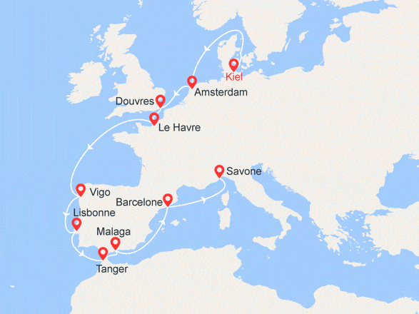 itinéraire croisière Europe du Nord : Allemagne, Pays-Bas, Grande-Bretagne, France, Espagne, Portugal, Gibraltar, Italie