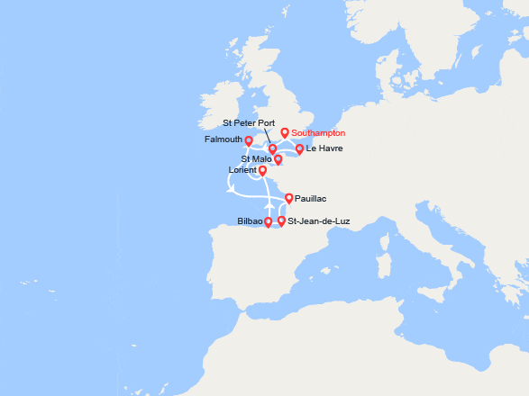 itin&eacute;raire croisi&egrave;re Europe du Nord : Angleterre, France, Espagne, Guernesey 