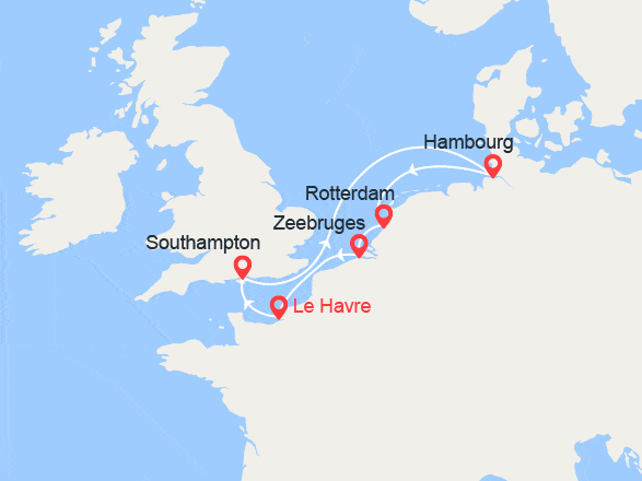 itinéraire croisière Europe du Nord : Angleterre, Hambourg, Rotterdam, Bruges