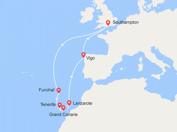 itinéraire croisière Europe du Nord : Angleterre, Portugal, Iles Canaries, Espagne