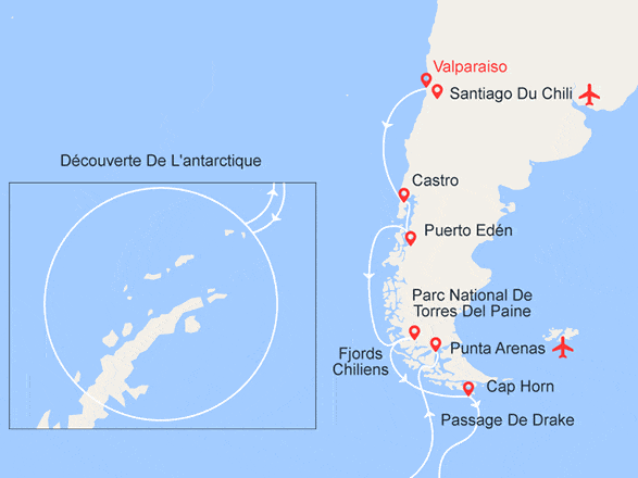 itinéraire croisière Groenland - Arctique - Antarctique : Antarctique, Patagonie et Fjords Chiliens - Voyage découverte (du Nord au Sud)
