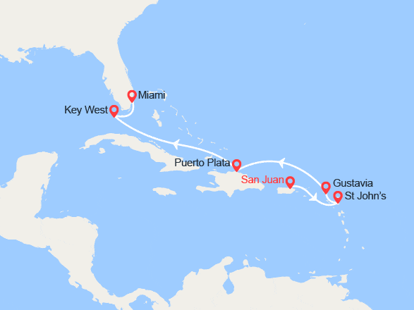 itin&eacute;raire croisi&egrave;re Caraïbes et Antilles : Antigua et Barbuda, St Barthélemy, Rép. Dominicaine, États-Unis 