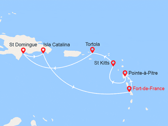 itin&eacute;raire croisi&egrave;re Caraïbes et Antilles : Antilles : Martinique, Guadeloupe, St Kitts, Tortola, Rép. Dominicaine 