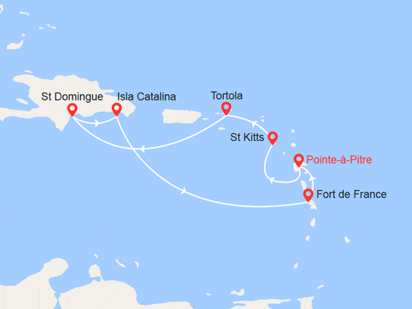 itinéraire croisière Caraïbes et Antilles : Antilles : Martinique, Guadeloupe, St Kitts, Tortola, Rép Dominicaine
