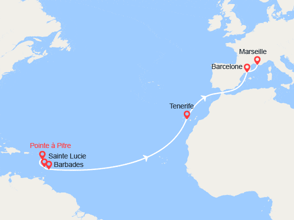 itinéraire croisière Transatlantique : Antilles, Canaries, Espagne, France