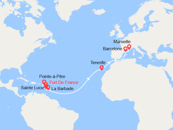 itinéraire croisière Transatlantique : Antilles, Canaries, Espagne, France