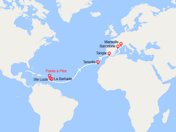 itinéraire croisière Transatlantique : Antilles, Canaries, Maroc, Espagne, France