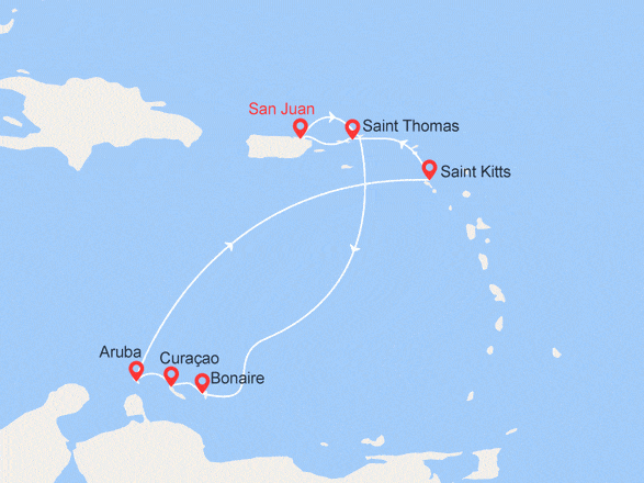 itinéraire croisière Caraïbes et Antilles : Antilles Néerlandaises, St Kitts, St Thomas, Porto Rico