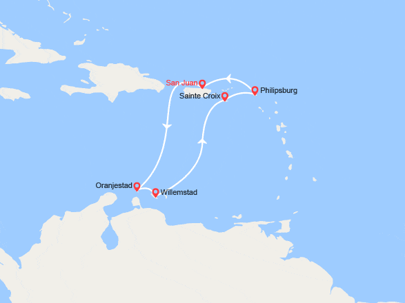 itinéraire croisière Caraïbes et Antilles : Aruba, Curaçao, Iles Vierges Américaines, St Martin, Porto Rico