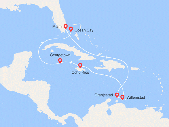 itinéraire croisière Caraïbes et Antilles : Aruba, Curaçao, Jamaïque, Caïmans, Bahamas