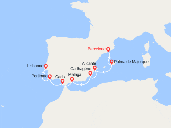 itin&eacute;raire croisi&egrave;re Méditerranée Occidentale : Atlantique et Méditerranée : Espagne et Portugal 