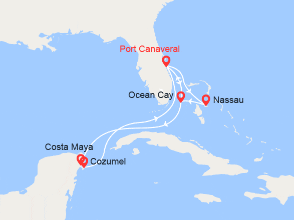 itinéraire croisière Caraïbes et Antilles : Bahamas, Floride, Costa Maya, Cozumel