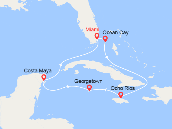 itinéraire croisière Caraïbes et Antilles : Bahamas, Jamaïque, Iles Caïman, Costa Maya