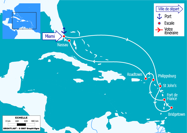 itinéraire croisière Caraïbes et Antilles : Bahamas, Miami, Porto Rico, St Martin, Antigua
