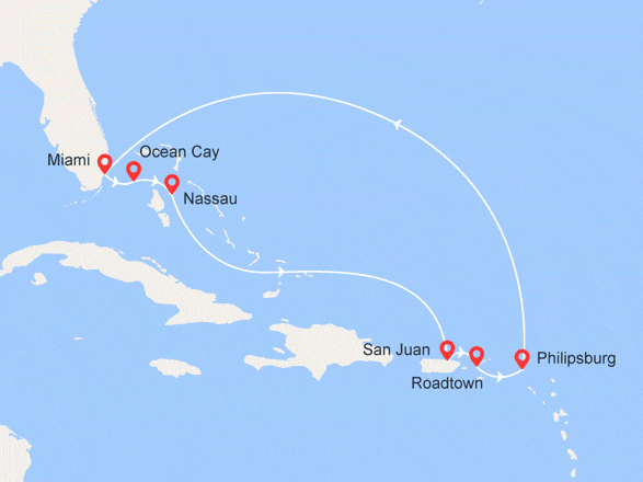 itinéraire croisière Caraïbes et Antilles : Bahamas, Miami, Porto Rico, Tortola, St Martin