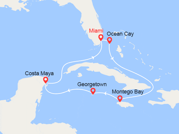 itinéraire croisière Caraïbes et Antilles : Bahamas, Montego Bay, George Town, Costa Maya