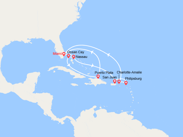 itin&eacute;raire croisi&egrave;re Caraïbes et Antilles : Bahamas, Rép Dominicaine, Floride, Rorto Rico, St Martin, St Thomas 