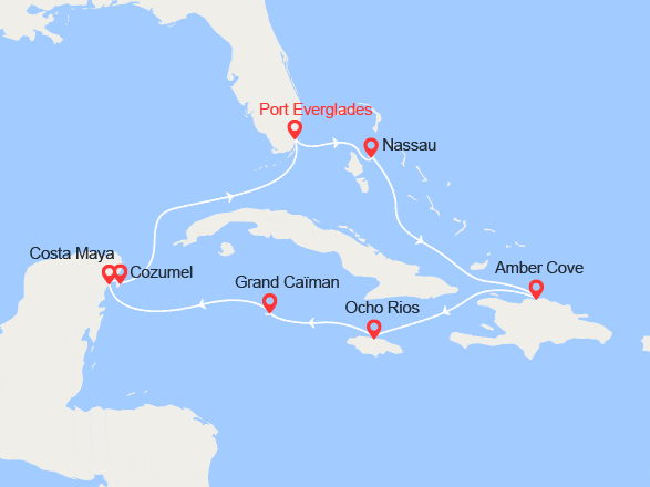 itinéraire croisière Caraïbes et Antilles : Bahamas, Rép Dominicaine, Jamaïque, Iles Caymans, Mexique