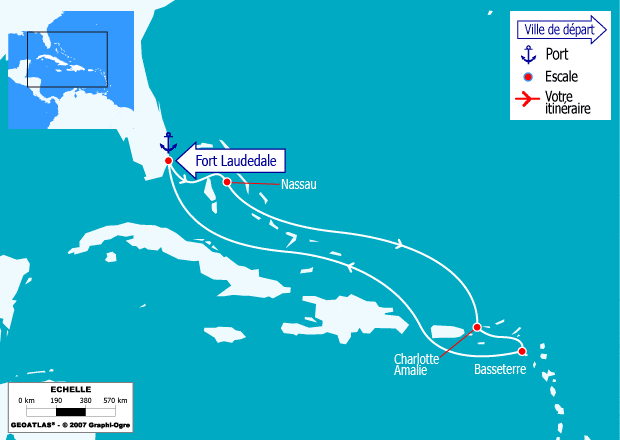 itinéraire croisière Caraïbes et Antilles : Bahamas, St. Thomas, St Kitts