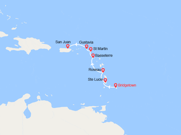 itinéraire croisière Caraïbes et Antilles : Barbade, Ste Lucie, Dominique, St Christophe et Niévès, St Martin, Porto Rico