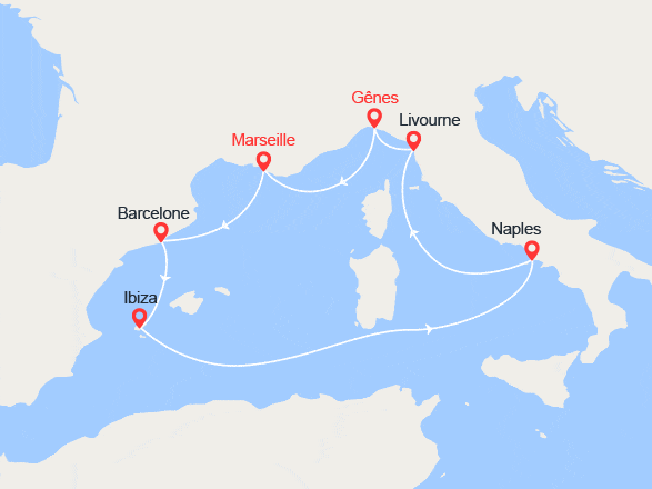 itinéraire croisière Iles Baléares : Barcelone, Ibiza, Italie...