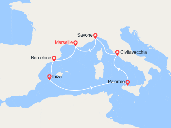 itin&eacute;raire croisi&egrave;re Méditerranée Occidentale : Barcelone, Ibiza, Sicile, Italie 