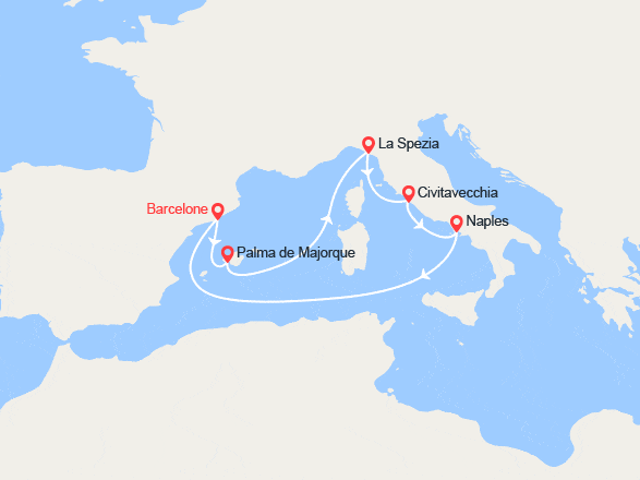 itin&eacute;raire croisi&egrave;re Méditerranée Occidentale : Barcelone, Palma de Majorque, La Spezia, Rome, Naples 