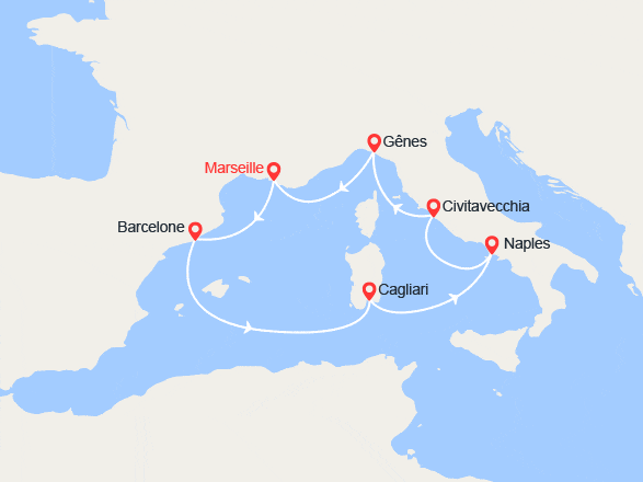 itin&eacute;raire croisi&egrave;re Méditerranée Occidentale : Barcelone, Sardaigne, Italie 
