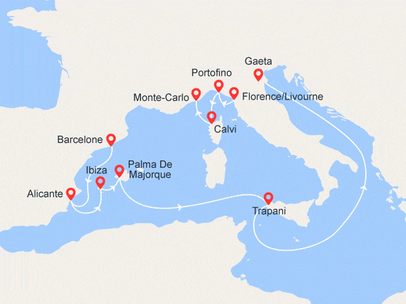 itinéraire croisière Iles Baléares : Barcelone à Monte Carlo: Espagne, iles baléares, Sicile, Italie, Monaco...