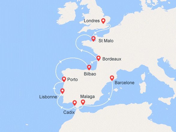 itinéraire croisière Méditerranée : Barcelone/Londres : Espagne, Lisbonne, Bilbao, St Malo... VOL OFFERT