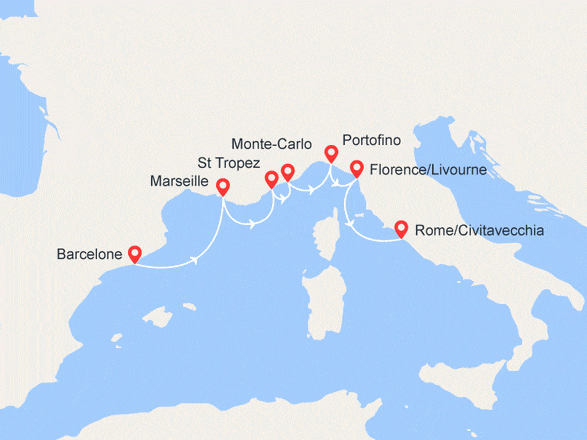 itinéraire croisière Méditerranée : Barcelone/Rome : St Tropez, Monte-Carlo, Portofino, Florence... VOL OFFERT