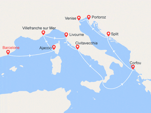 itinéraire croisière Croatie/Adriatique : Barcelone/Venise : France, Italie, Grèce, Croatie, Slovénie