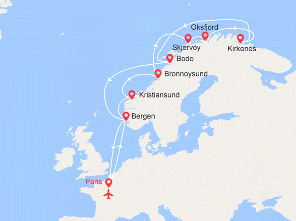 itinéraire croisière Fjords : Bergen - Kirkenes - Bergen avec accompagnateur français