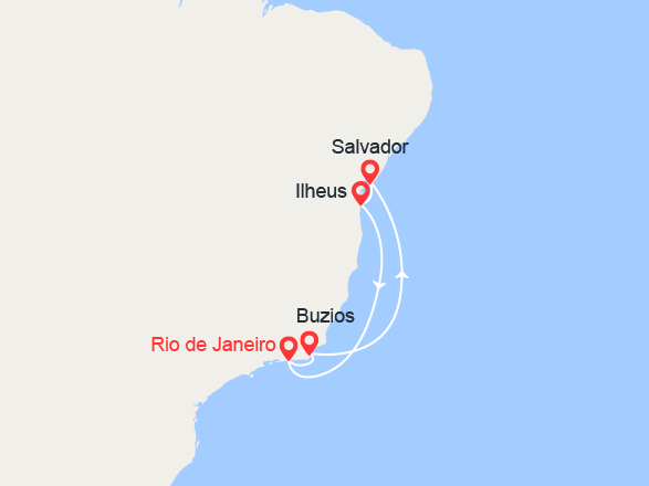 itinéraire croisière Amérique du Sud : Brésil :  Rio, Cabo Frio, Salvador, Ilheus 