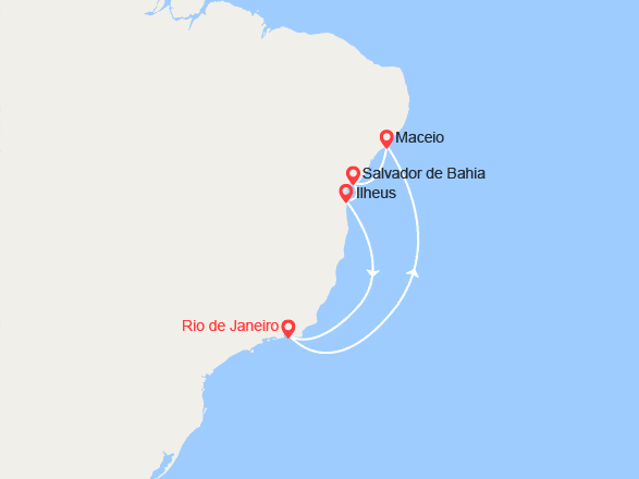 itinéraire croisière Amérique du Sud : Brésil : Salvador, Salvador, Macéio, Ilheus, Rio