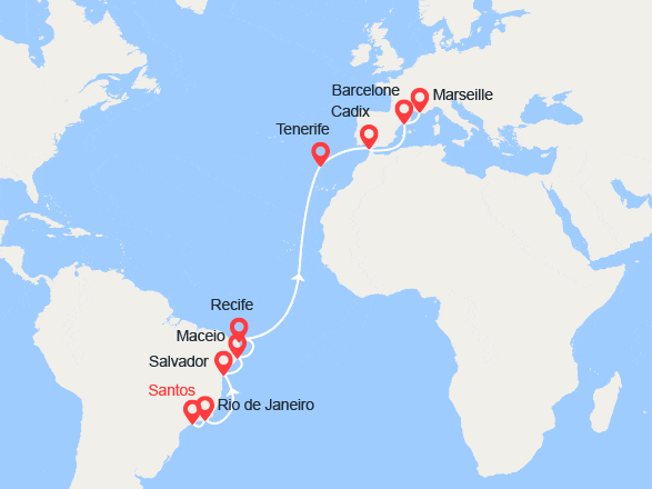 itinéraire croisière Transatlantique : Brésil, Canaries, Espagne, France