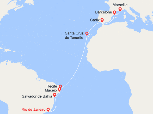 itinéraire croisière Transatlantique : Brésil, Canaries, Espagne, France