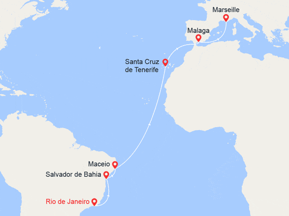 itinéraire croisière Transatlantique : Brésil, Canaries, Espagne, France